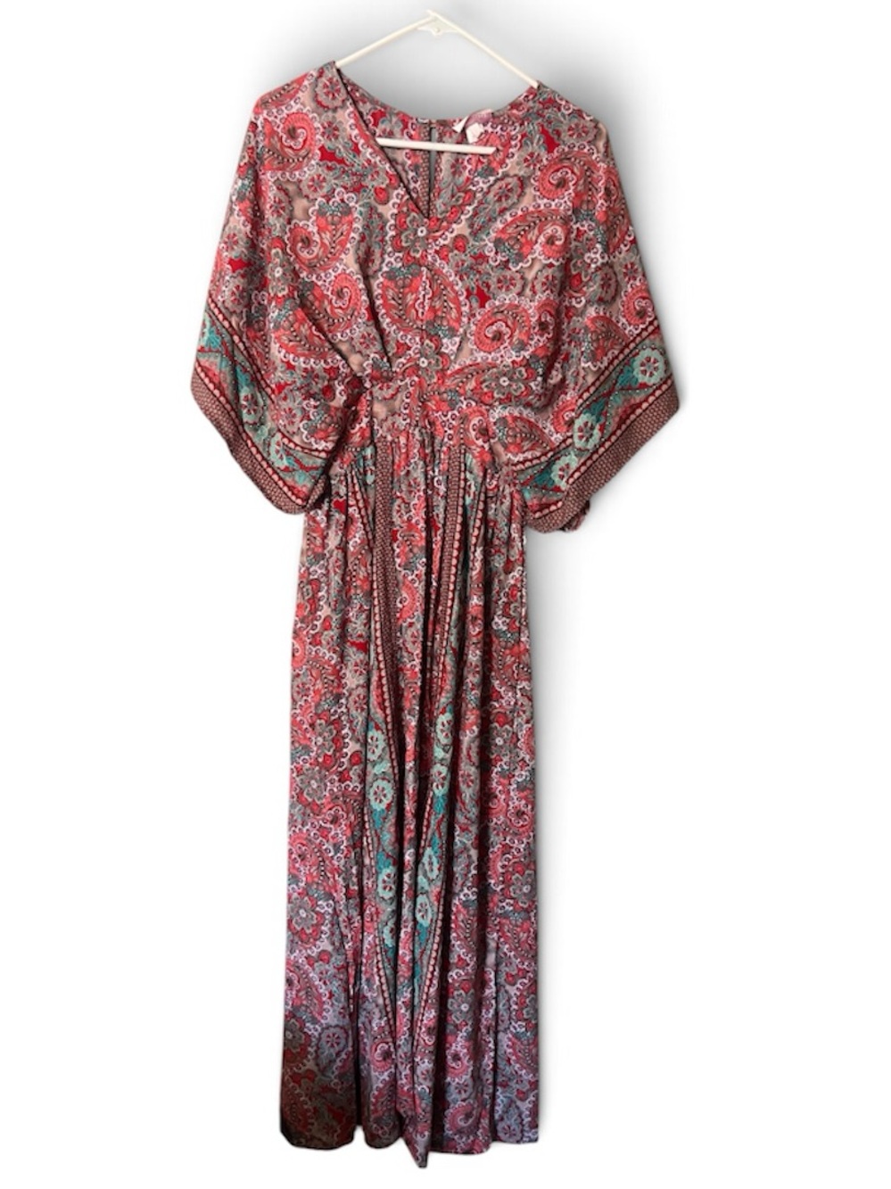 boemo Paisley Boho Maxi Dress Size small Kimono Sleeve V Neck Kaftan